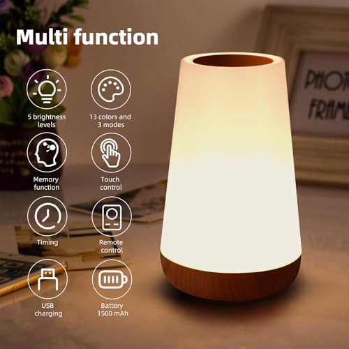 Luxxflour Night Light Lamp, Dimmable Touch Lamp for Bedroom, Portable Table Bedside Lamp, 5 Brightness & 13 RGB Colors, Ni...