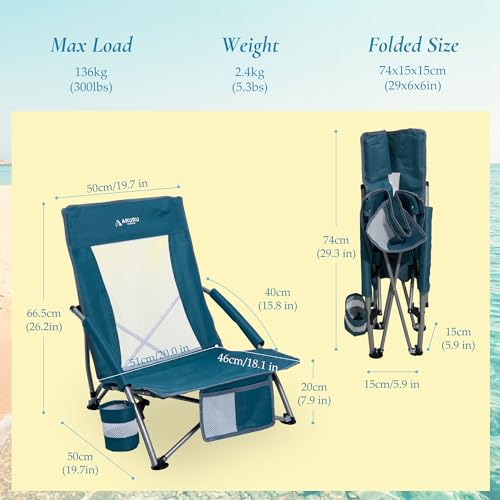 ARURU Low Folding Beach Chairs for Adults, Portable Lightweight Sling Beach Camping Chair with Cup Holder,Armrest,Foldable...
