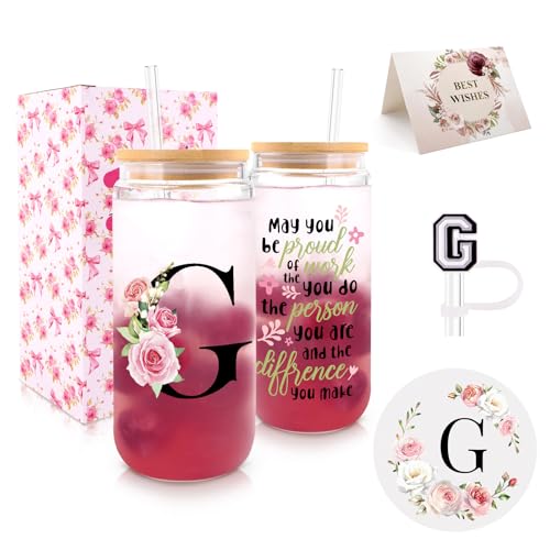 WINOWIMO Initial Glass Cups with Lids and Straws, Personalized Gifts for Women, Iced Coffee Cup Glass Tumbler, Birthday Br...