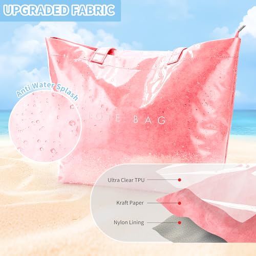 KALIDI PVC Zipper Tote Bag, Jelly Kraft Paper Beach Bag Large Hobo Carry All Travel Shopping Handbag Plastic Shoulder Bag