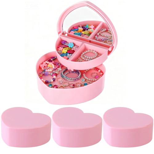 Cabilock 4 PCS Heart Shape Double Layer Jewelry Box with Mirror, Portable Jewelry Organizer Case for Earrings Rings Neckla...