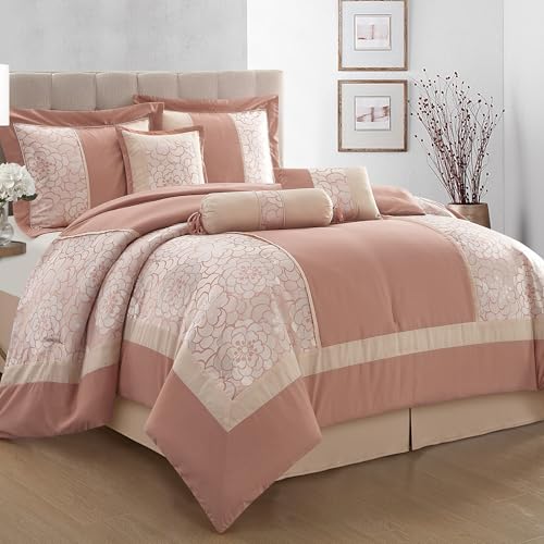 LANCO MODERN LIFESTYLE 7 Piece King Size Comforter Set, Blush, Elegant Floral Jacquard, Stylish and Cozy Bedding Collectio...