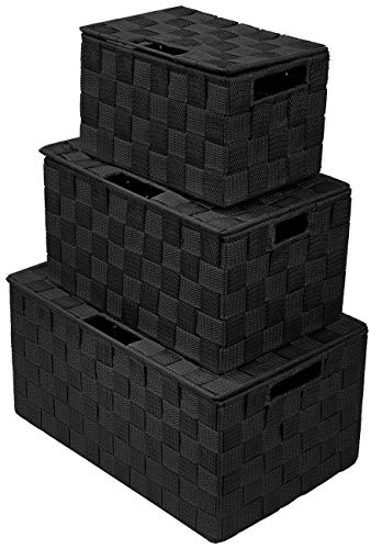 Sorbus Set of 3 Black Woven Storage Baskets with Lids – Mesh Hand-Woven Bins for Closet, Shelf, and Linen Organization – V...