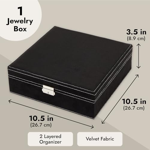 Juvale Jewelry Box for Men - 10.5 x 10.5 x 3.5 in, Black Velvet - Locking 2-Layer Travel Jewelry Organizer & Earring Holde...