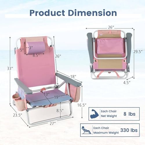 Tangkula Set of 2 Backpack Beach Chair, 5-Position Lay Flat Beach Chairs with Cooler Bag, 2 Cup Holders, Towel Bar, Lightw...
