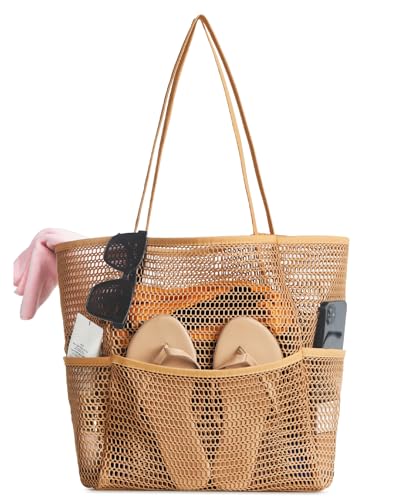 Iioscre Beach Bag for Women, Causal Hobo Pool Bags with Zipper Inner Pocket, Foldable Swim Tote Bag for Vacation Essentials