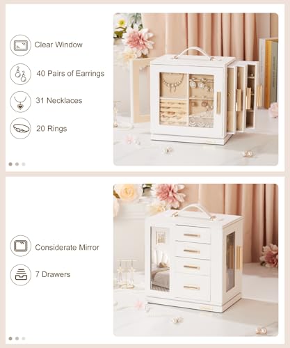 Homde Jewelry Box 360° Rotating, Necklace Earring Organizer with Transparent Window, Mirror, 7 Drawers, Large Ring Display...