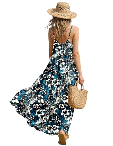 YESNO Summer Bohemian Floral Dresses for Women Spaghetti Straps Maxi Dress Casual Flowy Dresses with Pockets ES0