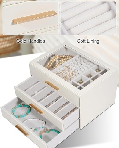 GUOER Jewelry Box for Women, Glass Lid Jewelry Organizer with 3 Drawers PU Jewelry Storage Case for Necklaces Rings Earrin...