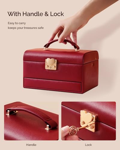 CASEGRACE Jewelry Box,3 Layers Leather Jewelry Storage Box with Lock, Mirror,Jewelry Storage Case for Necklaces Earrings B...