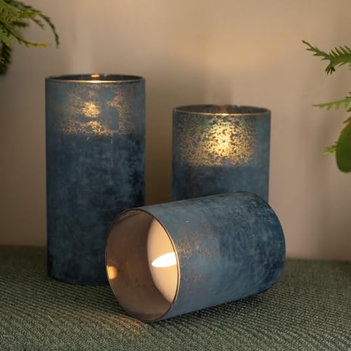 HJANDHJ Blue Flickering Flameless Candles with Remote - Handmade Sandblast Glass Battery Operated LED Pillar Candles for H...