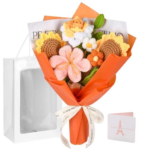 Gouraml Crochet Flower Bouquet, Orange Crochet Flowers for Mother's Day, Crochet Sunflowers Tulips Roses Bouquet for Valen...