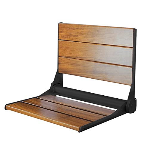 Home Aesthetics 18" ADA Compliant Wall-Mounted Folding Serena Teak Wood Shower Bench Seat with Matte Black Frame, Clear Co...