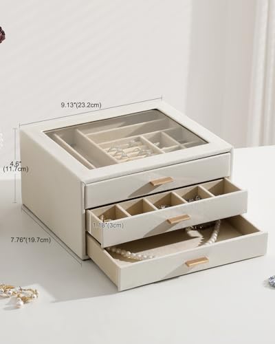 GLOBAL KA Jewelry Box with Glass Lid,3-Layer Jewelry Boxes for Women,PU Leather Jewelry Organizer with 20-Grid Earring Dra...