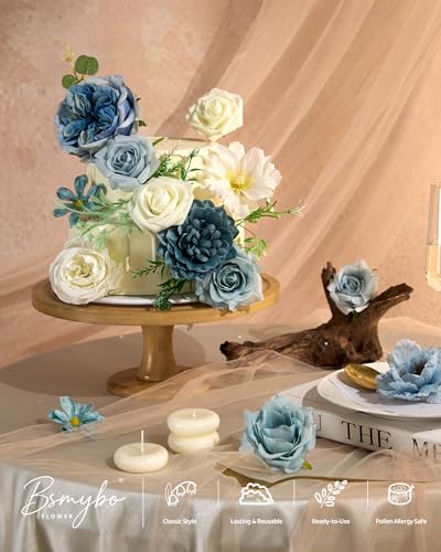 Artificial Blue Flowers Combo Box Set Baby Blue Rose Flowers Bulk Mix Dusty Blue Dahila Peonies Fake Silk Light Blue Flowe...
