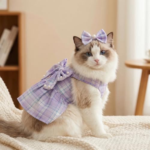 Yymobt Cute Plaid Dog Dress Clothes for Small Dogs Cats Girl Purple Plaid Dog Dress with Pearls Bow Tie Harness Leash for ...