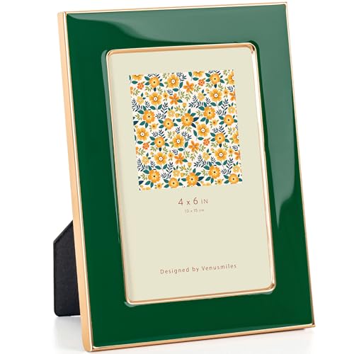 Venusmiles 4x6 Enamel Picture Frame, Gold Metal Edge with Easel, Real Glass Photo Frame for Wall and Tabletop Display Fami...