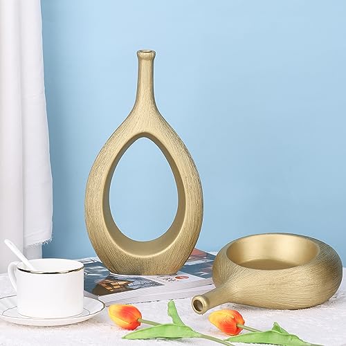 LCCCK Matte Gold Ceramic Vase Set of 2 - Ribbed Hollow Aesthetic Decorative Vase, Modern Farmhouse Table Centerpiece, Boho...