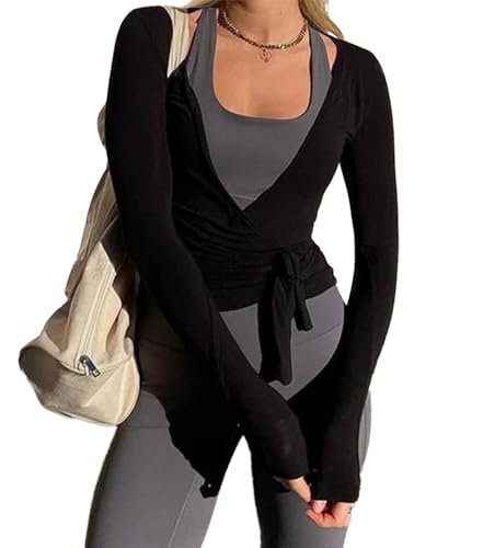 Women Wrap Yoga Shirts Long Sleeve Deep V Neck Tie Front Workout T Shirts Casual Slim Fit Sports Active Tops