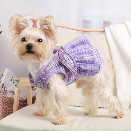 Dog Harness Dress, Plaid Dress with Leash Set, Summer Cute Pet Clothes,Girl Puppy Dresses for Girl Small Dogs, Chihuahua H...