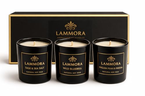 Lammora Aromatherapy Candle Gift Set – 3 Scented Candles (English Pear & Freesia, Sage & Sea Salt, Bluebell) – Natural Soy...