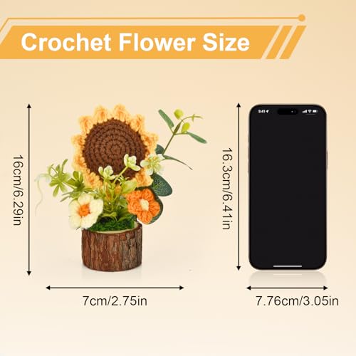 Andvon Cute Crochet Flowers Bouquet, Handmade Knitted Sunflowers with Wooden Pot, Crocheted Flower Plants Gifts for Women ...