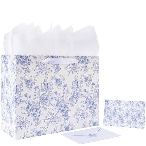 13'' Large Blue Floral Gift Bag Set with Handles, Greeting Card, White Tissue Papers and Stickers for Women Girls for Birt...