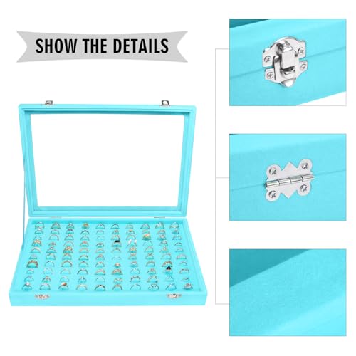 Siveit Velvet Ring Display Tray Organizer Box with Transparent Lid, 100 Slot Ring Holder Showcase For Store Display Jewelr...