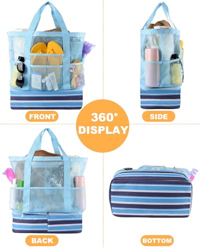 CaCTPUR Beach Bag with Cooler,Mesh Beach Bag for Women Cruise Pool,Packable Sandproof Travel Tote Bag with 8 Pockets