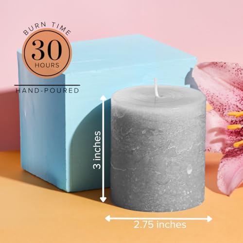 Simply Soson Grey Rustic Texture Pillar Candles 3x3 inch - Set of 3 - Unscented Decorative Grey Candles, No Drip, Ideal fo...