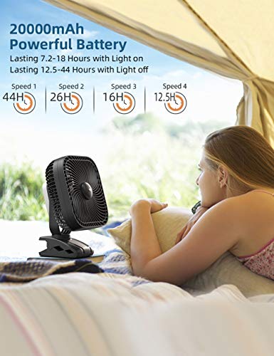 SLENPET 20000mAh Rechargeable Portable Clip-on Fan – Battery Operated, Last 78 Hrs, 4 Speeds with Light & Hook, 8 Inch Per...
