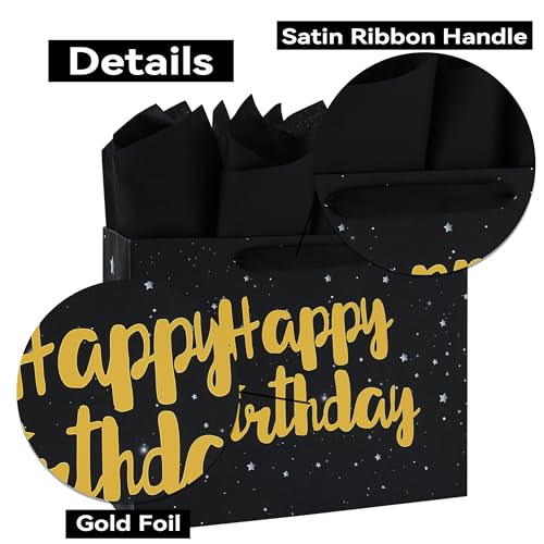 13" Large Black Gift Bag Set with Greeting Card and Tissue Papers (Stars and Gold Foil ‘Happy Birthday’) for Men's or Wome...