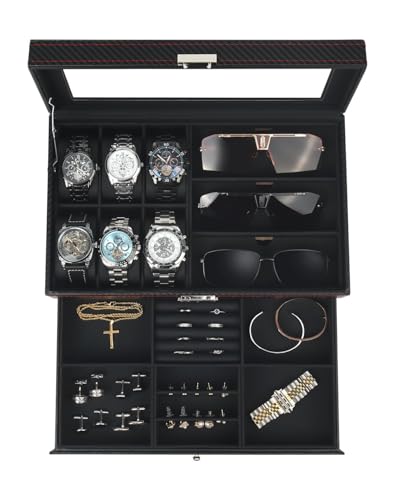 Kukikan Watch Jewelry Box Organizer, 6-Slot 2-Layer Watch Case and Sunglasses Storage with Large Glass Lid, Men's Jewelry ...