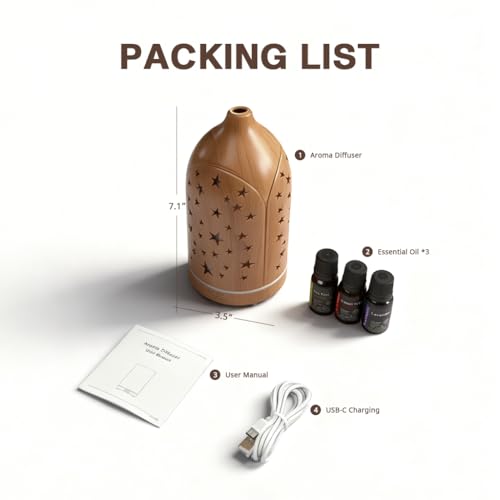 Essential Oil Diffuser,7.1''x3.5'' Diffusers with 3 Aromatherapy Oils Set,Small 200ml Desk Humidifier with 7 LED Colors Ni...