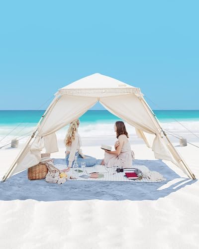 OutdoorMaster Updated Pop Up Beach Tent with Fringe for 4 Person, Easy Setup and Portable Beach Shade Sun Shelter Canopy w...