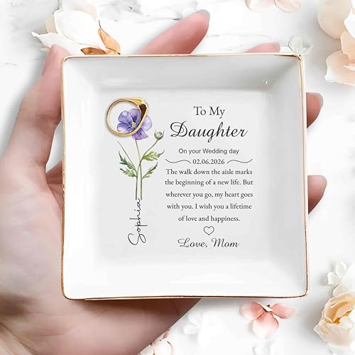 huglift To My Daughter on Your Wedding Day Personalized Ceramic Jewelry Tray, Daughter Floral Jewelry Dish from Mom, Custo...