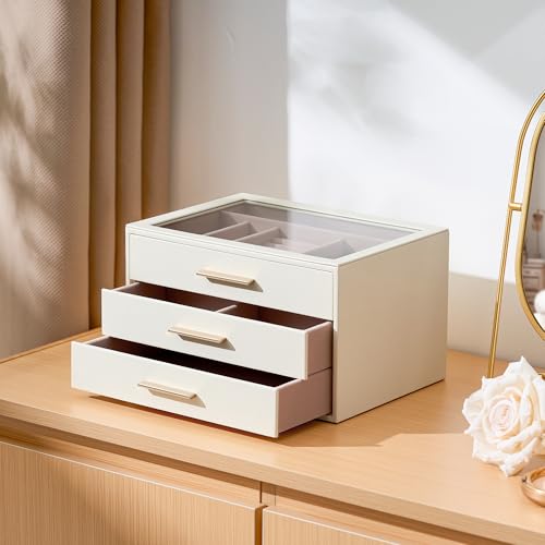 pickpiff Jewelry Box Organizer Case for Women: 3-Layer Jewelry Storage Case with Glass Window, Ivory Leather with Pink Vel...