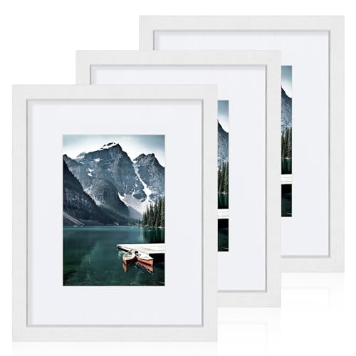 Hongkee 8x10 White Picture Frames set of 3, Made of Wooden and Glass Photo frame - Displays Picture 5x7 with Mat or 8 x 10...