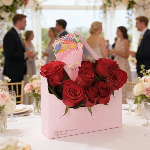 Amalee 10 Pack Pink Flower Bouquet Envelope Boxes with Greeting Cards, Premium Cardboard Floral Gift Boxes for Arrangement...