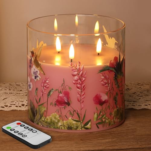Eywamage 3 Wick Flameless Candle with Remote, Pink Hummingbird Floral Glass LED Candle, Large Battery Pillar Candle Φ 6" H 6"