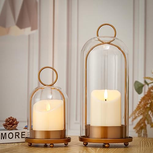 Gdfmsc Hurricane Metal & Glass Candle Holder Gold Set of 2, Decorative Candlestick Pillar Candle Holder with Clear Glass f...