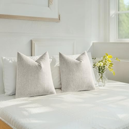 HAUSSY Natural White Wood Throw Pillow Covers 18x18 Inch Set of 2,Boho Decorative Faux Linen Throw Pillows Cozy Farmhouse ...