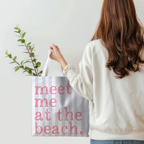 ignytiger Beach Tote Bag, Summer Canvas Striped Tote Bags for Women, Meet Me At The Beach Aesthetic Shopping Bag