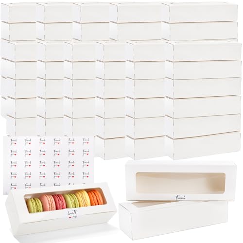 Dicunoy 50 Pack Macaron Boxes for 6, White Macaron Gift Boxes with Clear Window and 120 PCS Stickers, Sturdy Macaron Packa...