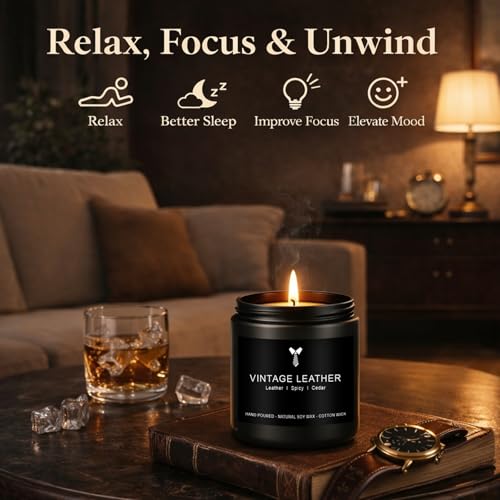 Candles for Men Gift Set, 4 Pack Masculine Scented Soy Candles for Men, Leather, Smoke, Oak & Lavender Scents, Aromatherap...