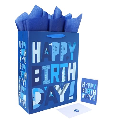 wishinside 16.5” Extra Large Blue Gift Bags Set with Greeting Card and Tissue Papers (Blue Happy Birthday) for Men's Birth...