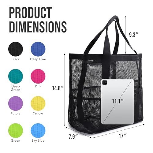 ASBEFORE Large Mesh Beach Tote Bag, 9-Pocket Foldable Summer Vacation Beach Bag for Travel, Pool, Gym, Cruise