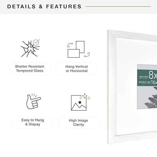 MCS Studio Gallery 16x16 Matted Photo Frame with 8x8 Picture Display, White Woodgrain Vertical & Horizontal Wall Hanging L...