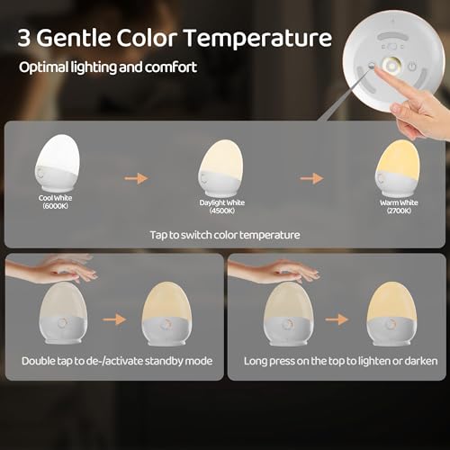 ZUZUKID Touch Egg Night Light for Baby Nursery, Rechargeable Portable Kids Nightlight Lamp with 1-6H Feeding Timer, 3 Colo...
