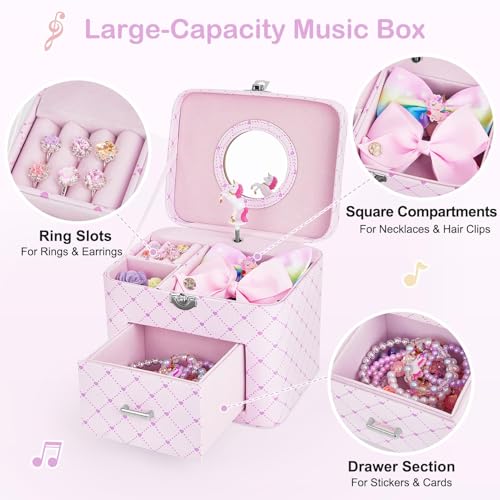 Basumee Musical Jewelry Box for Girls PU Leather Music Box with Drawer Large Kids Jewelry Organizer with Unicorn/Ballerina...